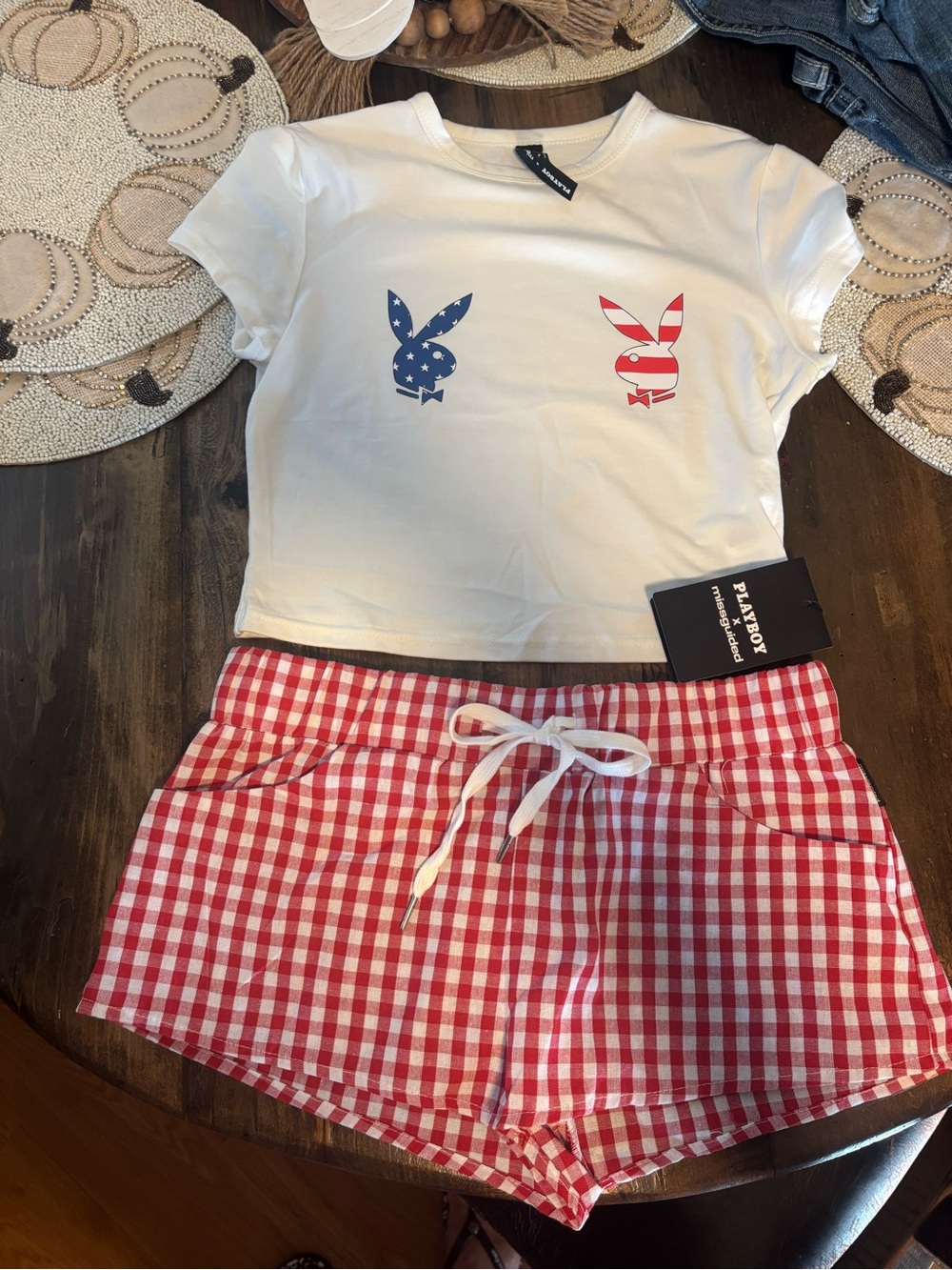 PLAYBOY White Tee with Stars & Stripes Bunnies and Red Gingham Drawstring Shorts